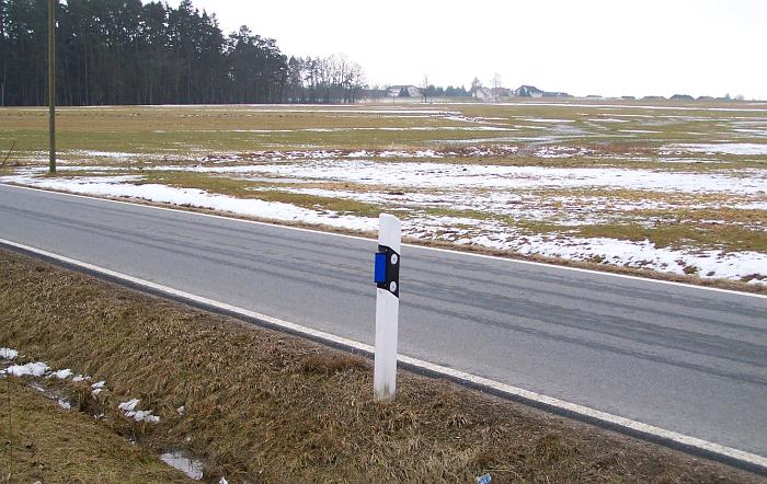 Ein einzelner Strassenbegrenzungspfosten. Seitlich angebracht ein zylinderförmiger blauer Wildwarnreflektor. 